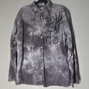 Eighty Eight Y2K Gray Men's Large Tie-Dye Cross Wing Cyber Grunge Button Up